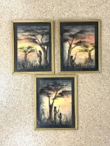 THREE WATERCOLOUR AND PENCIL DRAWINGS OF NATIVE SCENES ALL FRAMED AND GLAZED; 25 X 32CM