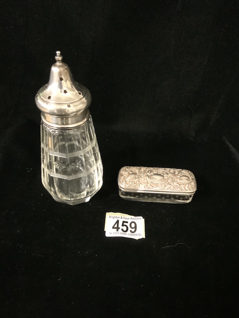 A STERLING SILVER TOPPED GLASS SUGAR SIFTER; LONDON 1929; THE COVER PIERCED WITH STARS AND AN
