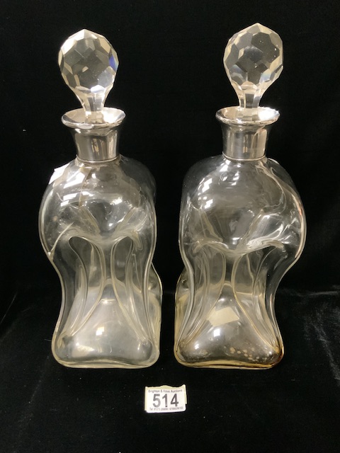 A PAIR OF EDWARDIAN SILVER MOUNTED GLASS GLUG GLUG DECANTERS, BY C.J. FOX & CO LTD, LONDON 1905,