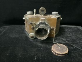 ANTIQUE PROTOTYPE/HOMEMADE 35MM METAL AND LEATHER CAMERA, WITH VIEWFINDER AND LENS COVER,