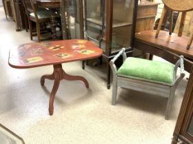 VINTAGE PAINTED TABLE WITH VOGUE STICKERS AND PAINTED BLUE PIANO STOOL