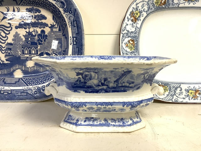 WILLOW PATTERN MEAT PLATE, WEDGWOOD BALITMORE ETRURIA MEAT PLATE AND VICTORIAN BLUE AND WHITE - Image 4 of 8