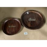 TWO VINTAGE SANENWOOD SERVING TRAYS FOR BASS AND WORTHINGTON; LARGEST 33CM DIAMETER