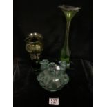 A SPANISH TURQUOISE GLASS FIVE SPOUT VASE, BY GORDIOLA, HAND BLOWN, A VINTAGE GREEN GLASS TULIP