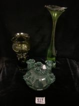 A SPANISH TURQUOISE GLASS FIVE SPOUT VASE, BY GORDIOLA, HAND BLOWN, A VINTAGE GREEN GLASS TULIP