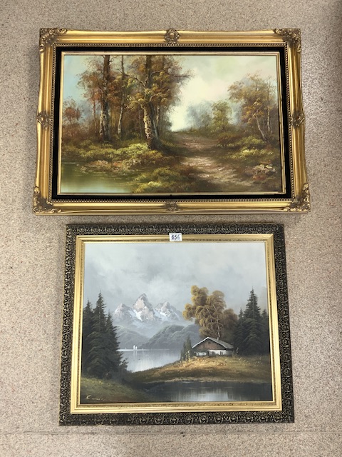 TWO OIL ON CANVAS PICTUREAS OF MOUNTAINOUS AND WOODLAND SCENES BOTH SIGNED AND BOTH WITH GILDED