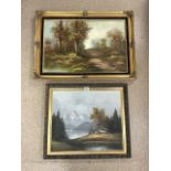 TWO OIL ON CANVAS PICTUREAS OF MOUNTAINOUS AND WOODLAND SCENES BOTH SIGNED AND BOTH WITH GILDED