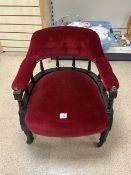 VICTORIAN EBONISED ARMCHAIR GALLEY RAIL BACKED WITH RED VELVET COVERING AND ON ORIGINAL CASTORS