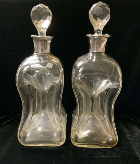 A PAIR OF EDWARDIAN SILVER MOUNTED GLASS GLUG GLUG DECANTERS, BY C.J. FOX & CO LTD, LONDON 1905, - Image 2 of 6