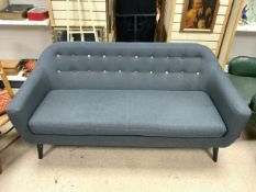 LARGE THREE SEATER SOFA BY (MADE) ON SPLAYED LEGS AND GREY MATERIAL; 182CM