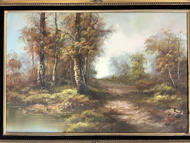 TWO OIL ON CANVAS PICTUREAS OF MOUNTAINOUS AND WOODLAND SCENES BOTH SIGNED AND BOTH WITH GILDED - Image 4 of 6