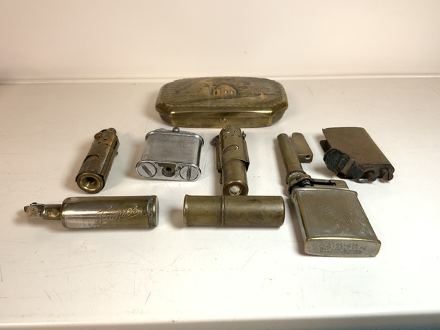 MIXED ANTIQUE LIGHTERS INCLUDES TRENCH ART WITH EMBOSSED BRASS BOX - Image 2 of 3