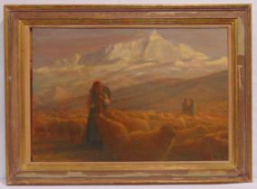 Pip Todd Warmoth framed oil on panel titled Tibetan Woman in foreground of Mt Everest, signed bottom