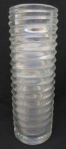 Tiffany and Co. cylindrical clear glass vase, spirally fluted sides on circular base, signed to