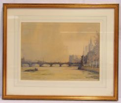 Mary Willis framed and glazed watercolour of a bridge over The Thames near the Houses of Parliament,