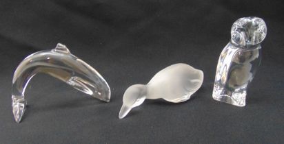 Three Baccarat glass figures to include an owl, a dolphin and a duck