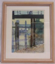 David Parfitt framed and glazed watercolour titled Pier, Towers and Foreshore, signed bottom