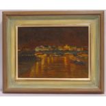 Victor Willis framed oil on canvas titled Night View from Blackfriars Bridge, monogrammed bottom