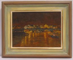 Victor Willis framed oil on canvas titled Night View from Blackfriars Bridge, monogrammed bottom