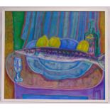 Luis Orozco framed oil on canvas titled Fish with Striped Curtains, signed top left, 71 x 81cm