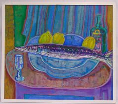 Luis Orozco framed oil on canvas titled Fish with Striped Curtains, signed top left, 71 x 81cm