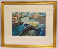 Alexander Creswell framed and glazed watercolour titled Hong Kong – Sampans in Aberdeen Harbour,