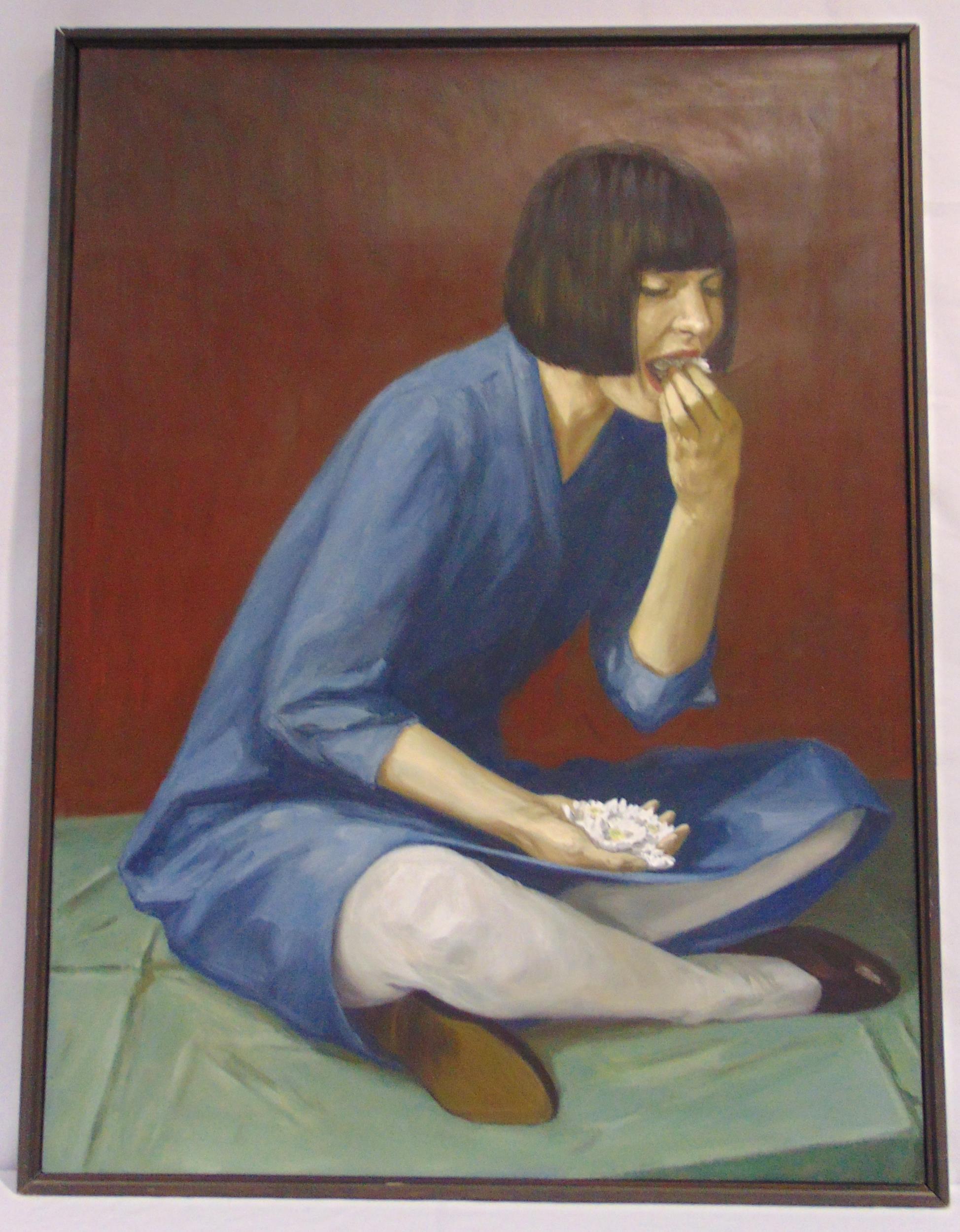 Christopher Stevens framed oil on canvas titled Mange Tout, label to verso, 91.5 x 68.5cm