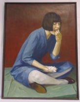 Christopher Stevens framed oil on canvas titled Mange Tout, label to verso, 91.5 x 68.5cm