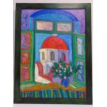 Luis Orozco framed oil on canvas titled Church Through a Window, signed top right, 69 x 51cm