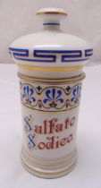 A ceramic Apothecary jar with pull off cover for Salfato Soldico, 27cm (h)