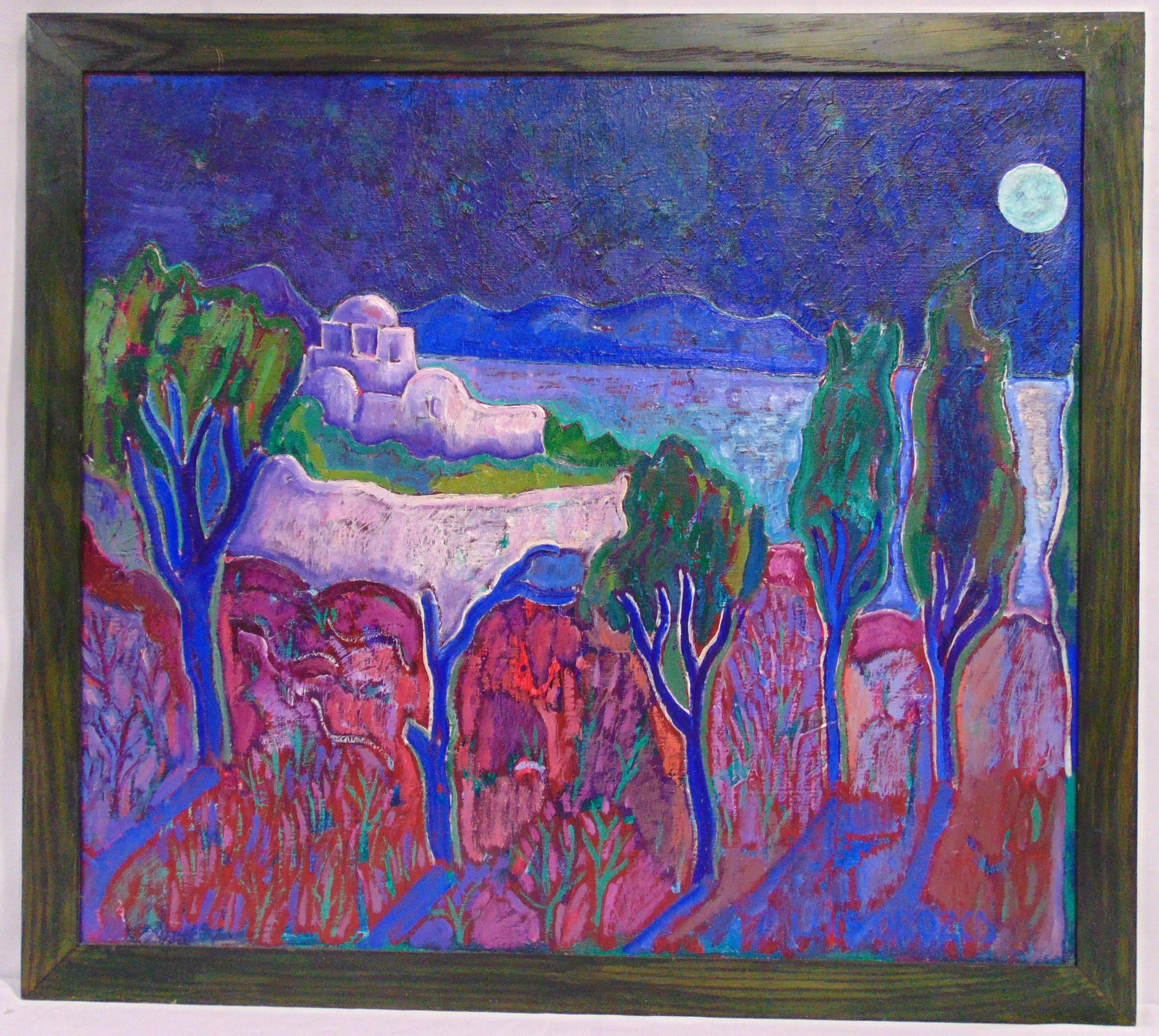 Luis Orozco framed oil on canvas titled Green Night, signed bottom right, 72 x81cm