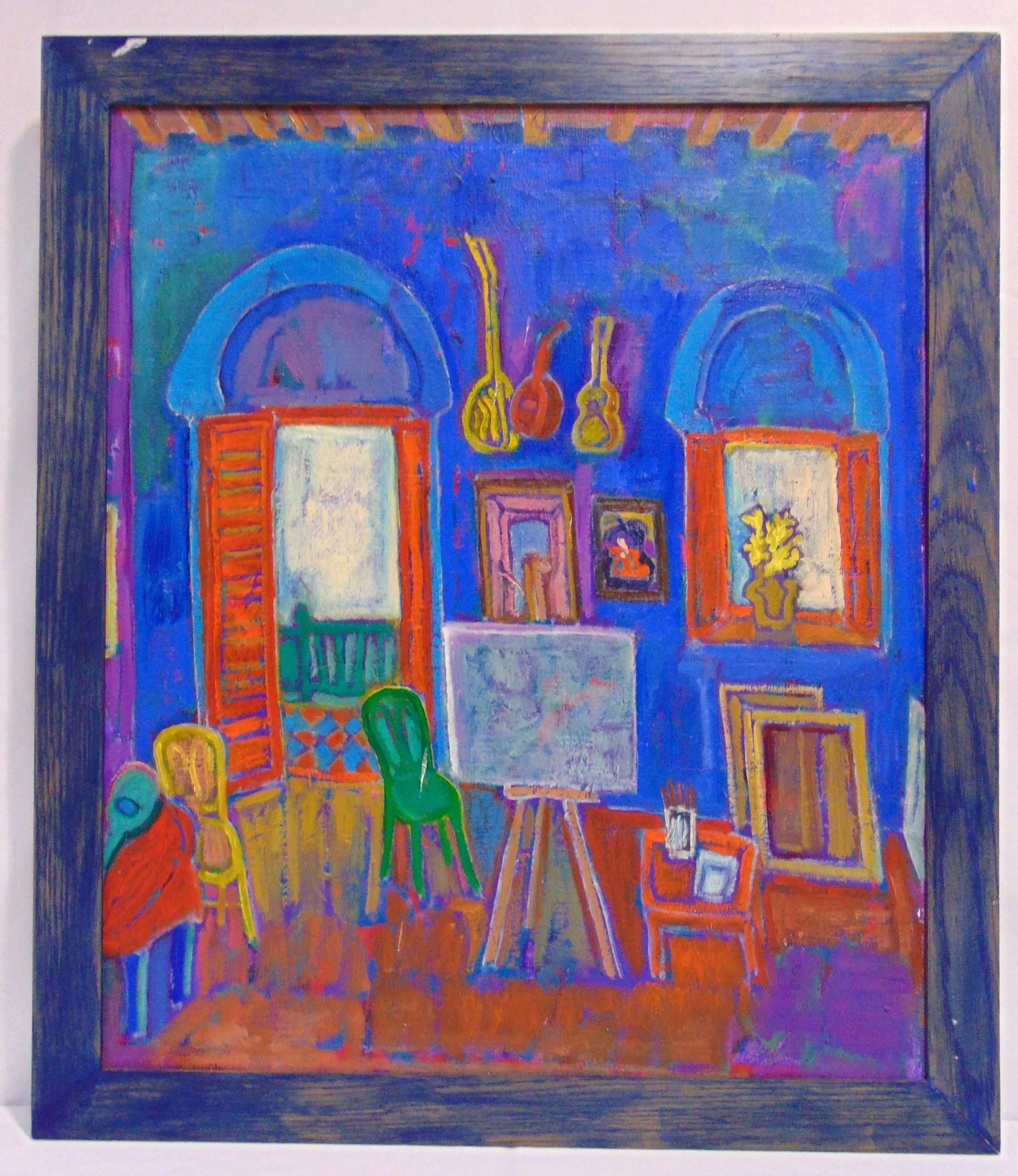 Luis Orozco framed oil on canvas titled Painters Studio, signed top left, 66 x 56cm