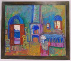 Luis Orozco framed oil on canvas titled Interior with White Flowers, signed top left, 68.5 x 80.5cm