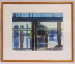 David Parfitt framed and glazed watercolour titled Pier, Bridge and Towers, signed bottom right,