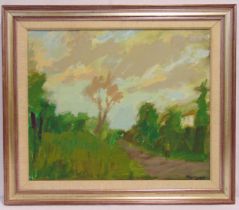 P. Bergner framed oil on canvas country landscape with a figure on a path, signed bottom right, 50.5