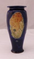 Royal Doulton baluster vase, blue ground with stylised flowers and leaves, marks to the base, 26.5cm