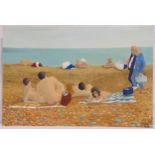 M. King oil on panel (unframed) figures on a beach, signed bottom right, 50.5 x 76cm