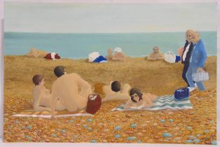 M. King oil on panel (unframed) figures on a beach, signed bottom right, 50.5 x 76cm
