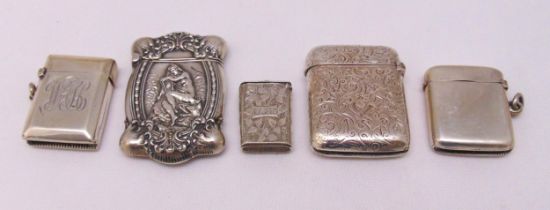 Five hallmarked silver vesta cases, various shape, form and decoration, approx total weight 129g