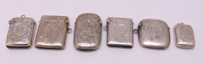 Six hallmarked silver vesta cases, various shape, form and decoration, approx total weight 116g