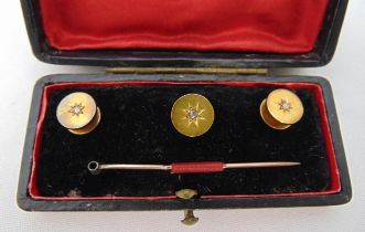 Three 18ct gold and diamond dress button studs in fitted case