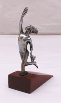 A silvered metal Mercury car mascot mounted on wooden plinth, 17cm (h)