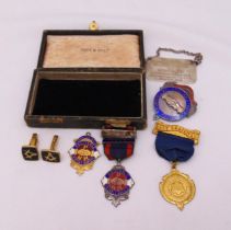 Masonic and Friendly Society medals and badges, to include some silver and a pair of cufflinks in