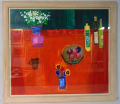 Keith Hanselman framed oil on panel still life of flowers, fruit and bottles on a table, 89.5 x