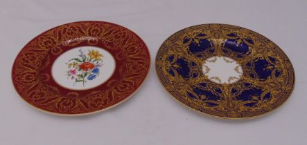 Two Royal Worcester cabinet plates decorated with flowers and geometric forms, each 27cm (w)