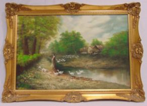 A framed oil on panel of a farmyard with a lady feeding ducks, indistinctly signed bottom left, 60 x