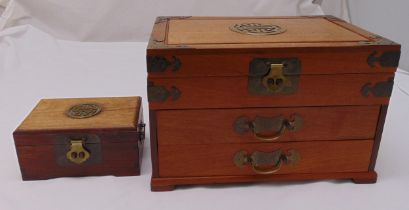 An Asian jewellery chest of rectangular form with two drawers and hinged cover and a small