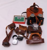 Vintage Pax M4 camera with accessories including wide angle lens, a pair of leather cased binoculars