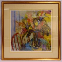 Barbara A. Wood framed and glazed polychromatic limited edition print of flowers on a table, 50 x