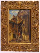 A framed oil on panel of a figure in a Dutch urban setting, 26.5 x 17cm
